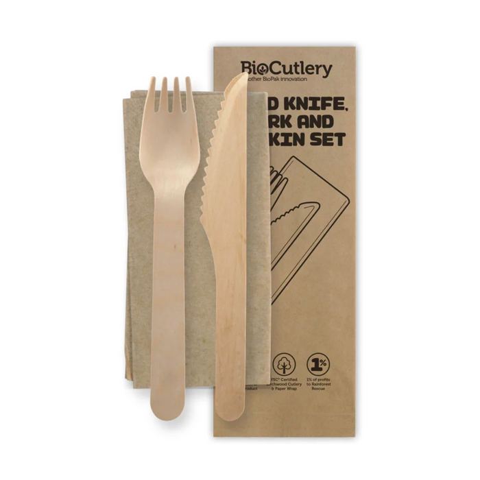 Wooden Knife, Fork & Napkin Set (100pcs)